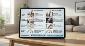Comparison table helping homeowners choose between bagged and bagless vacuums based on pet hair and allergy needs.