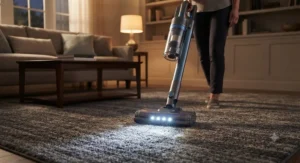 Modern upright vacuum with bright LED headlights cleaning dark living room carpet