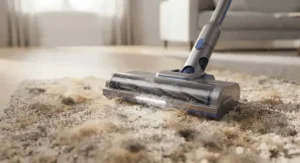 Vacuum with self-cleaning brush roll picking up pet hair from a plush area rug