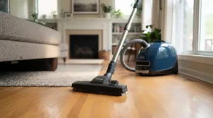 An illustration showing a canister vacuum cleaner effectively cleaning hard wood floors.