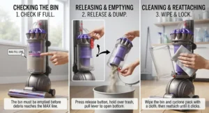 Step-by-step illustration on how to check and empty the vacuum cleaner bag or dust bin.