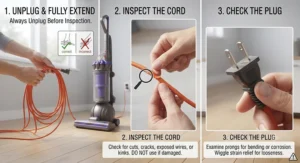 Illustration emphasizing safety checks for the electrical power cord and plug while learning how to maintain a vacuum cleaner.
