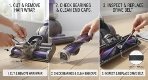 Close-up illustration showing how to clean tangled hair and debris from a vacuum cleaner roller brush and inspect the belt.
