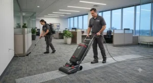 A professional cleaning crew using a powerful commercial vacuum cleaner on high-traffic office carpet.