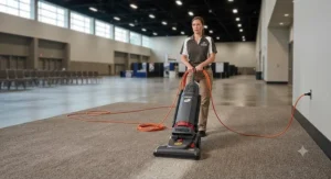 A commercial vacuum cleaner featuring an extra-long power cord for large facility cleaning efficiency.