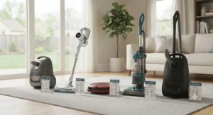 A selection of the best quietest vacuum cleaner models lined up for home comparison.