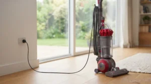 A powerful corded vacuum cleaner showing the plug and power source.