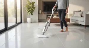 A cordless steam mop for tile and grout gliding smoothly across a modern living room porcelain tile floor.