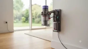 User charging a sleek cordless vacuum battery on a wall-mounted dock.