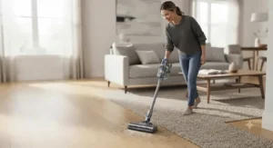 Woman using a vacuum with a self-cleaning brush roll to clean living room carpet