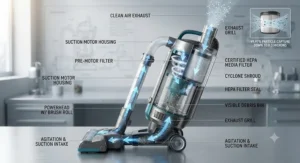 Technical diagram showing airflow through a vacuum with a HEPA filter system.