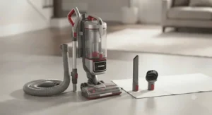 An upright vacuum with swivel steering shown alongside its detachable hose, crevice tool, and dusting brush.