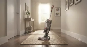 A lightweight vacuum with swivel steering positioned in a sunlit residential hallway for quick daily cleanup.