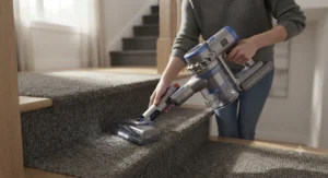 Vacuum with self-cleaning brush roll converted into a handheld unit for stairs
