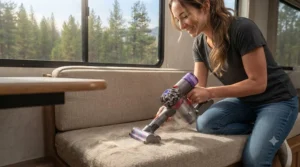 A handheld vacuum for rv pet hair removal on upholstered camper furniture.