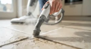 A specialized nozzle attachment on a steam mop for tile and grout focused on scrubbing stubborn stains between floor tiles.