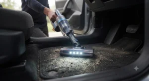 Compact handheld vacuum with LED headlights cleaning dark car floor mats