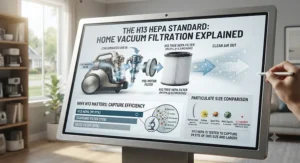 Explainer graphic defining the H13 HEPA standard and why it is effective for removing 99.97% of household particulates.