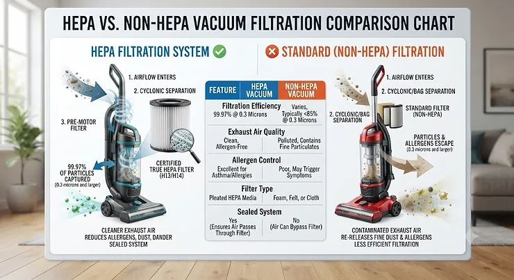 Comparison chart highlighting the differences between HEPA and standard vacuum filtration systems for residential use. hepa vs non hepa vacuum