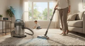 Illustration demonstrating improved indoor air quality and reduced allergens after using a HEPA vacuum cleaner.
