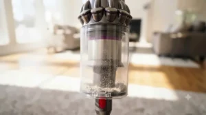 Close-up of a high-capacity dust bin on a vacuum for large homes designed for less frequent emptying.