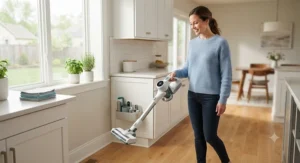 A woman easily lifting a lightweight, quietest vacuum cleaner in a bright kitchen.
