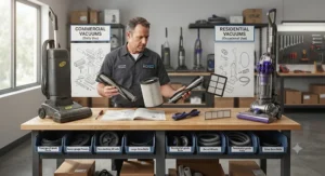 Maintenance technician comparing repair and service parts for commercial and residential vacuum models.