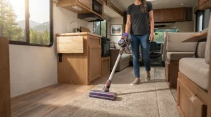 A versatile multi-surface vacuum for rv floors, transitioning from hardwood to rugs.