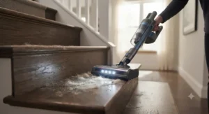 Lightweight vacuum cleaner with LED headlights removing pet hair from wooden stairs