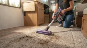 Using a high-suction vacuum for rv carpet cleaning to remove dirt and debris.