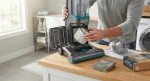 Person hands replacing the HEPA filter in a home vacuum cleaner unit.
