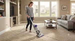 A homeowner using a standard residential vacuum cleaner on a plush carpet in a modern suburban home.
