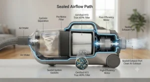 Cutaway view showing a fully sealed vacuum system that ensures all air passes through the HEPA filter.
