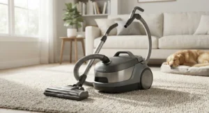 A quietest vacuum cleaner model designed for pet hair, sitting peacefully in a carpeted home.