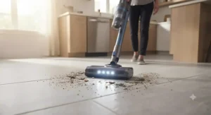 Rechargeable stick vacuum with LED headlights highlighting debris on a kitchen tile floor