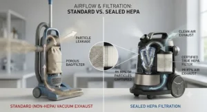 Visual breakdown of airflow showing particles escaping a non-HEPA vacuum versus a sealed HEPA filtration system.