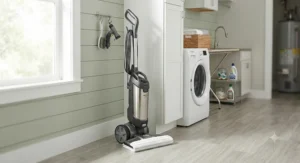 An upright commercial-grade steam mop for tile and grout stored neatly in a modern American laundry room.