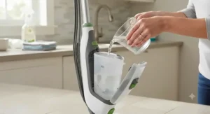 Filling the water reservoir of a powerful steam mop for tile and grout prior to a heavy-duty home cleaning session.