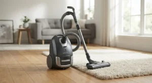 A sleek, top-rated quietest vacuum cleaner standing next to a plush area rug.