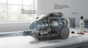 Illustration showing the sound-dampening technology inside the quietest vacuum cleaner.