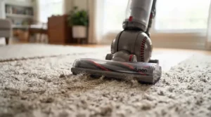 Close-up view of an upright vacuum agitator brush effectively cleaning deep-pile carpet.
