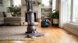 Diagram showing the strong direct-to-floor suction power of an upright vacuum model.