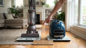 A comparison chart visualizing the weight difference between standard upright vs canister vacuum designs.