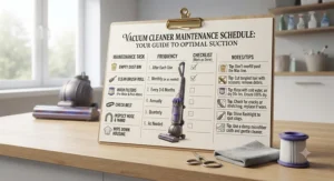 A handy maintenance checklist graphic outlining monthly and annual steps on how to maintain a vacuum cleaner for longevity.