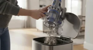 Emptying the easy-release dust cup of a vacuum with a self-cleaning brush roll into a trash can