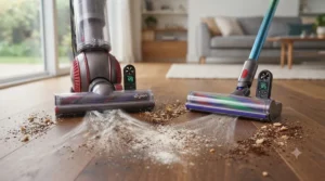 Infographic illustrating suction performance in a corded vs cordless vacuum.