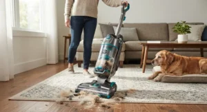 Vacuum with HEPA filter specifically designed for removing pet dander and hair from carpet.