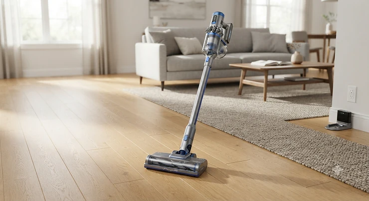 Cordless vacuum with self-cleaning brush roll standing upright on hardwood flooring
