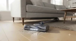 Low-profile vacuum with self-cleaning brush roll reaching underneath a living room sofa