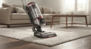 A high-performance vacuum with swivel steering gliding across a thick area rug in a suburban home.